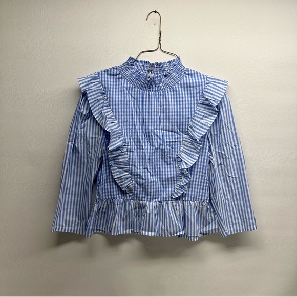 English Factory Blue Gingham Ruffle Blouse size M NWT - Picture 2 of 9